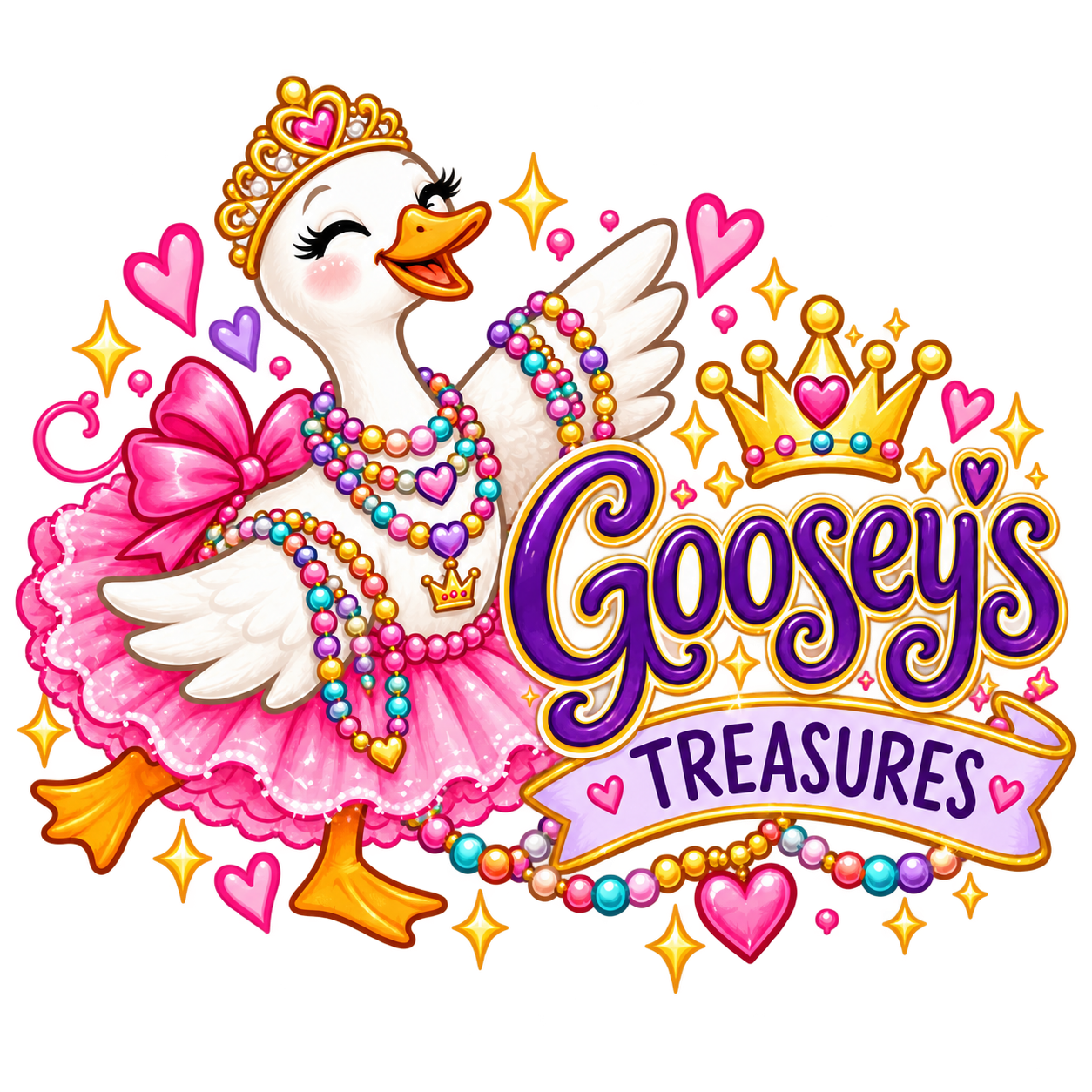 Goosey’s Treasures — a tiara-wearing goose dressed in pink and colorful handmade bead jewelry